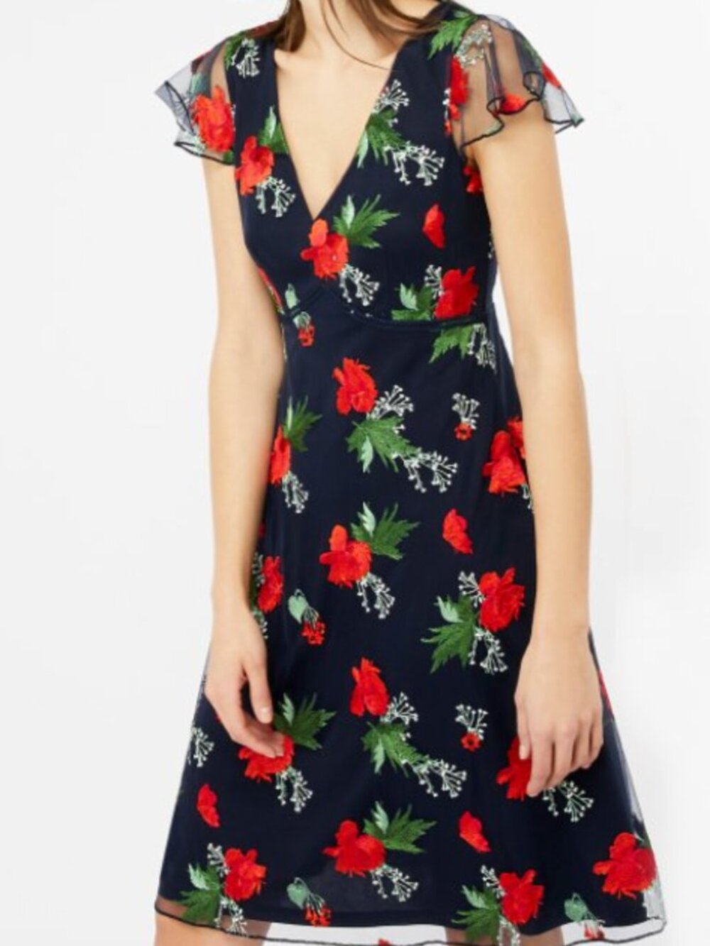 Monsoon Floral Embroidered Navy Dress with Red Flowers, US 6